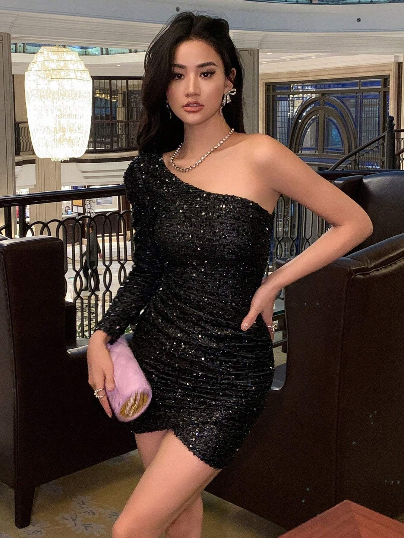 DAZY One Shoulder Sequined Bodycon Dress Prom Dress Party Women