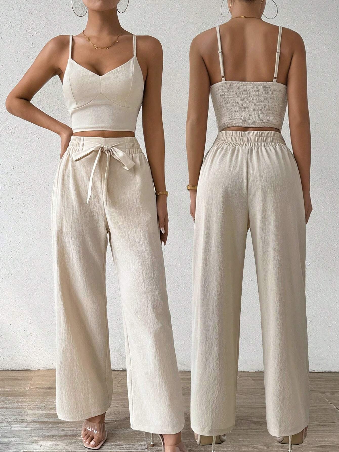 Rafferiza Women'S Push-Up Bra Cup Strap Top with Bowknot, Elastic Straight Pants, Holiday 2Pcs Set