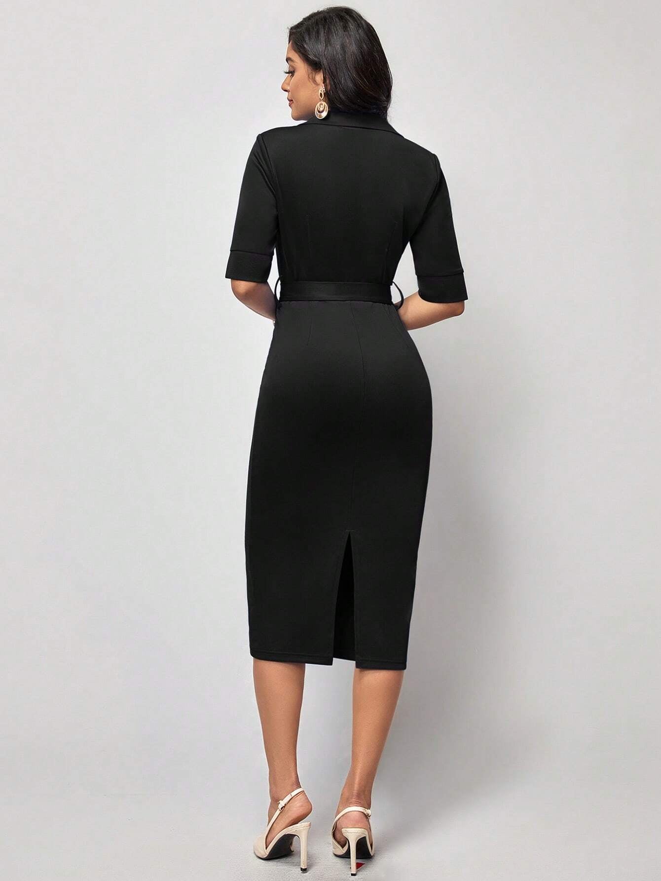 SHEIN Clasi Solid Belted Bodycon Dress Work Dress