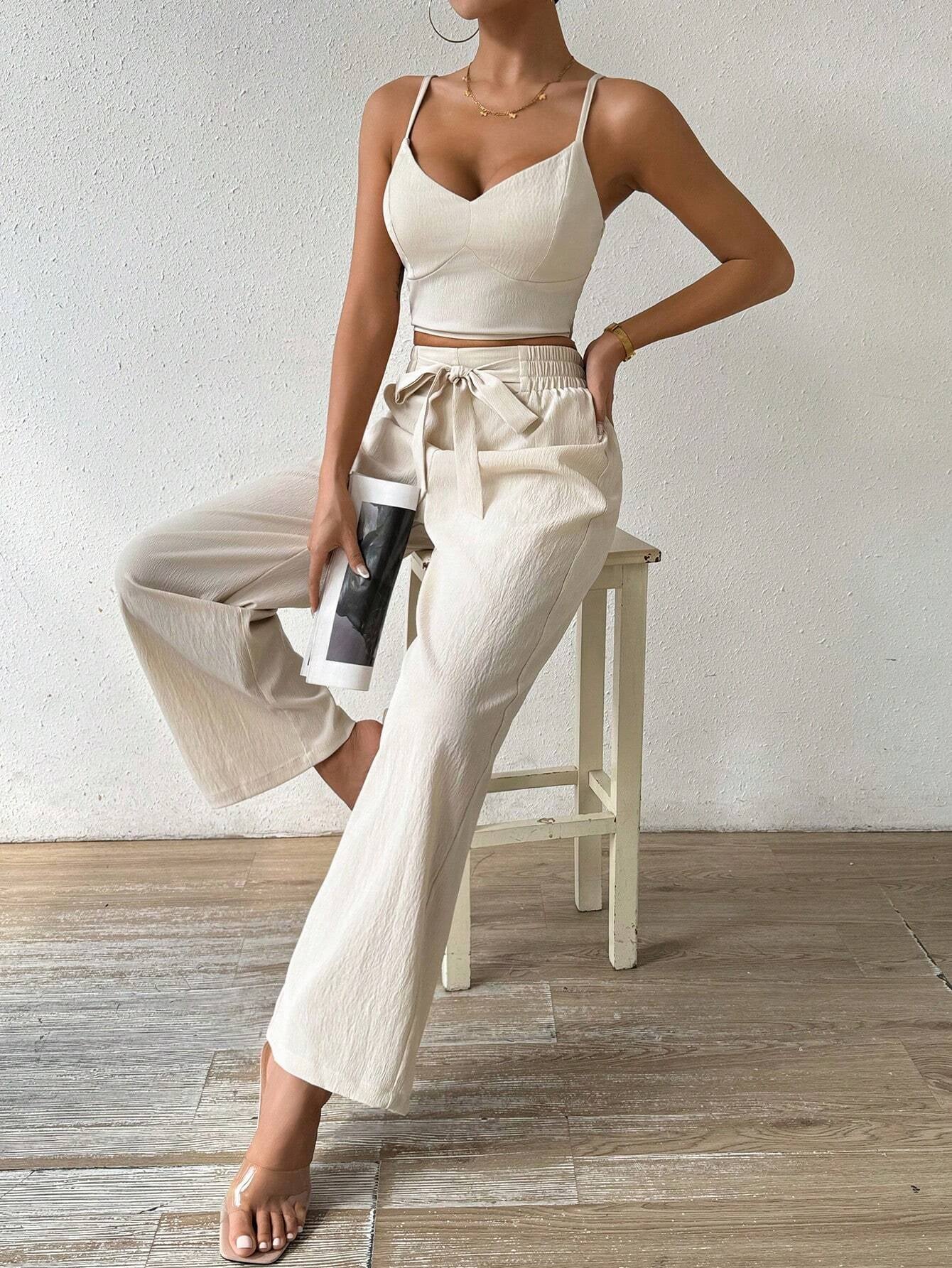 Rafferiza Women'S Push-Up Bra Cup Strap Top with Bowknot, Elastic Straight Pants, Holiday 2Pcs Set