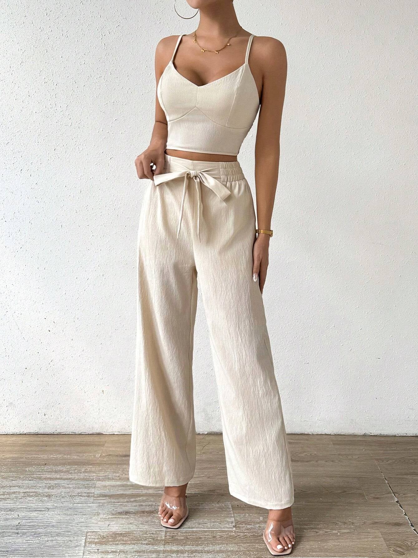 Rafferiza Women'S Push-Up Bra Cup Strap Top with Bowknot, Elastic Straight Pants, Holiday 2Pcs Set