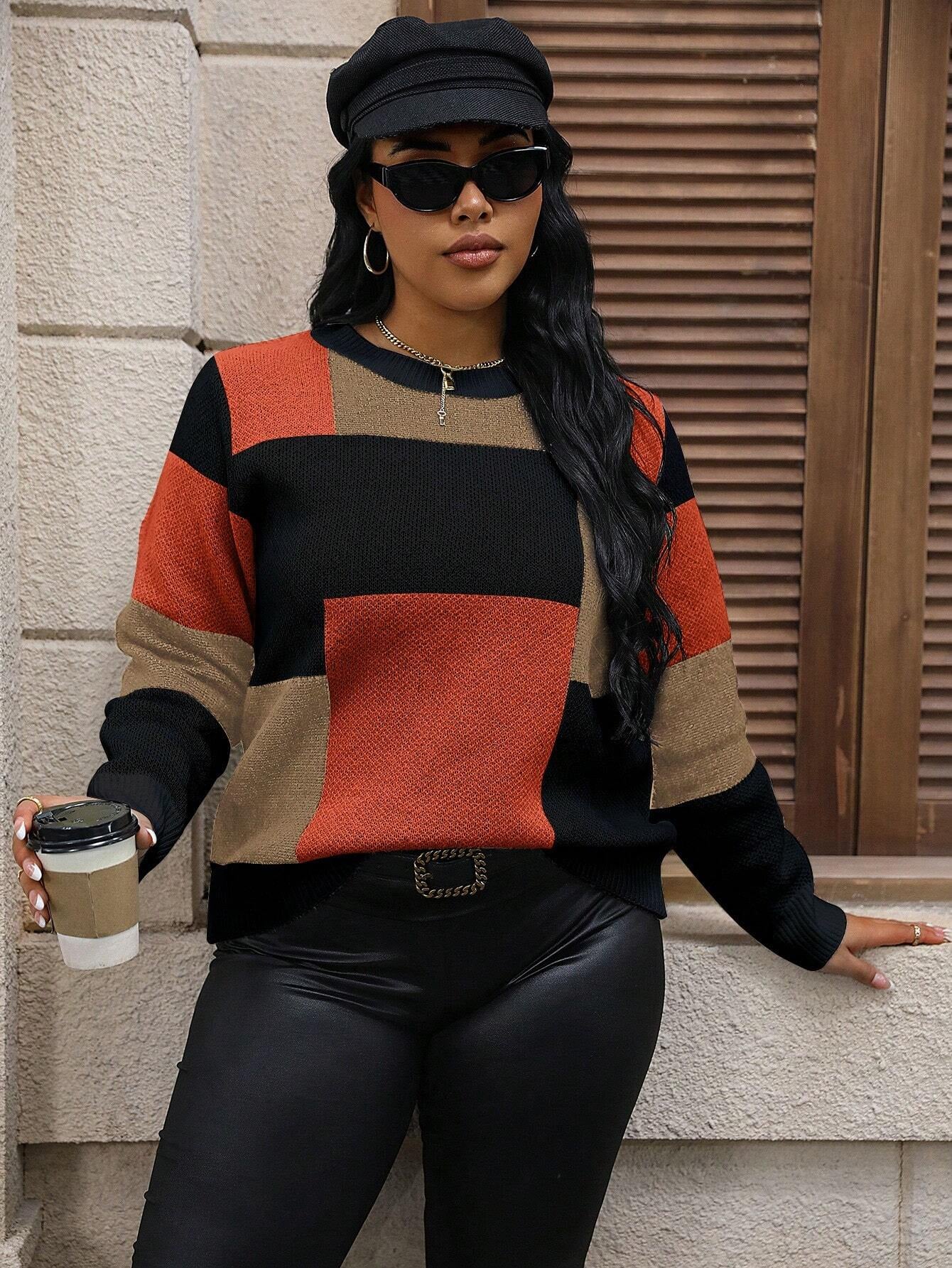 Calvaya plus Size Plaid Sweater with Drop Shoulder
