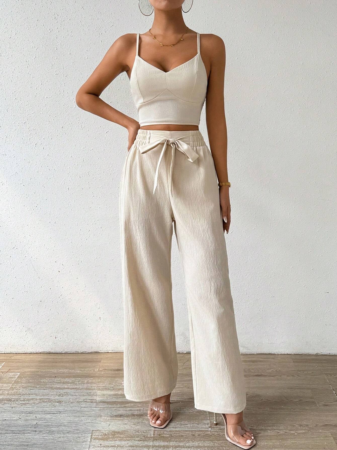 Rafferiza Women'S Push-Up Bra Cup Strap Top with Bowknot, Elastic Straight Pants, Holiday 2Pcs Set