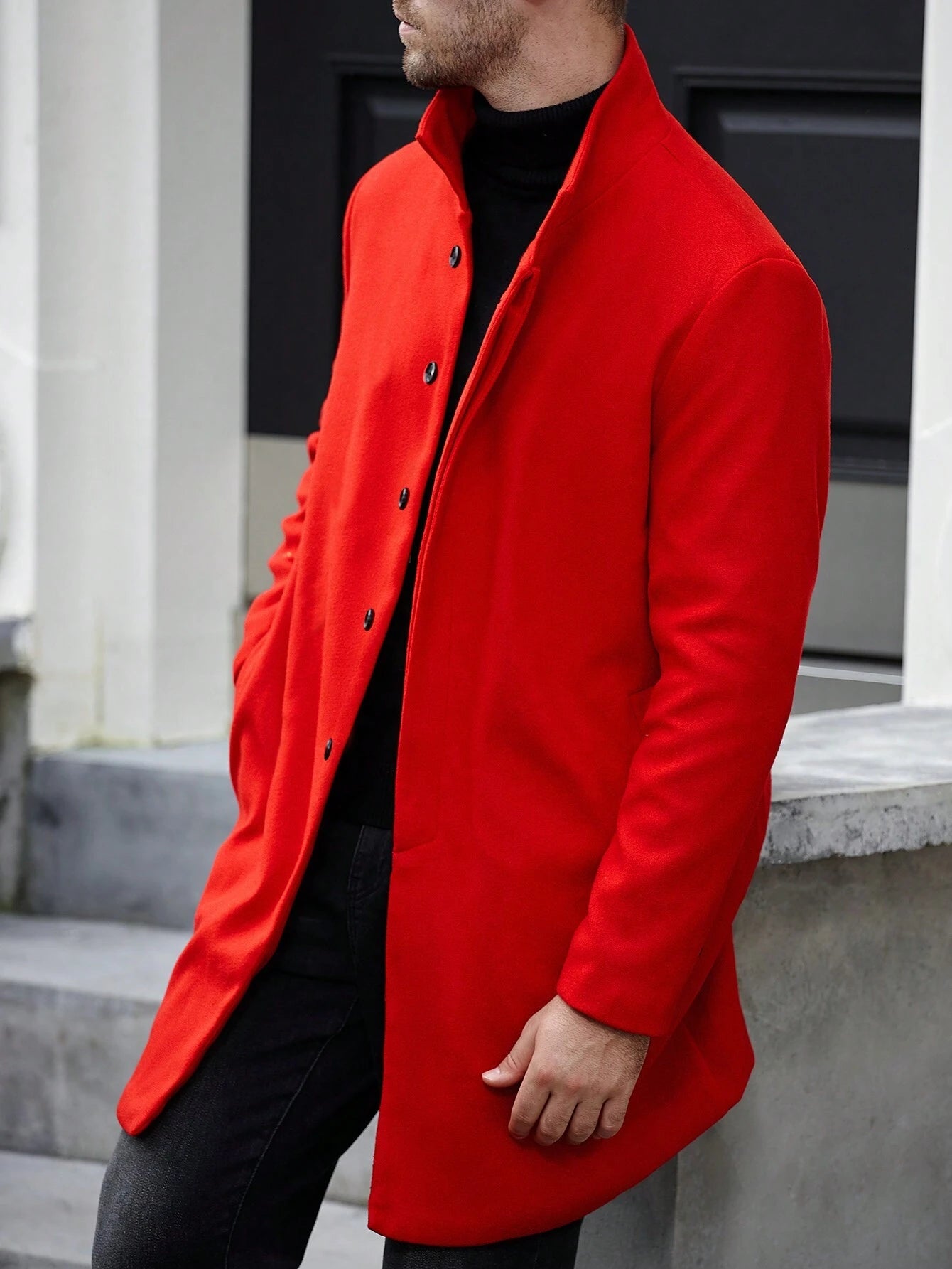 Manfinity Casualcool Men'S Casual Solid Color Stand Collar Overcoat, Autumn Fall Red Going Out Overcoat, for Friends, Husband, Boyfriend Gifts