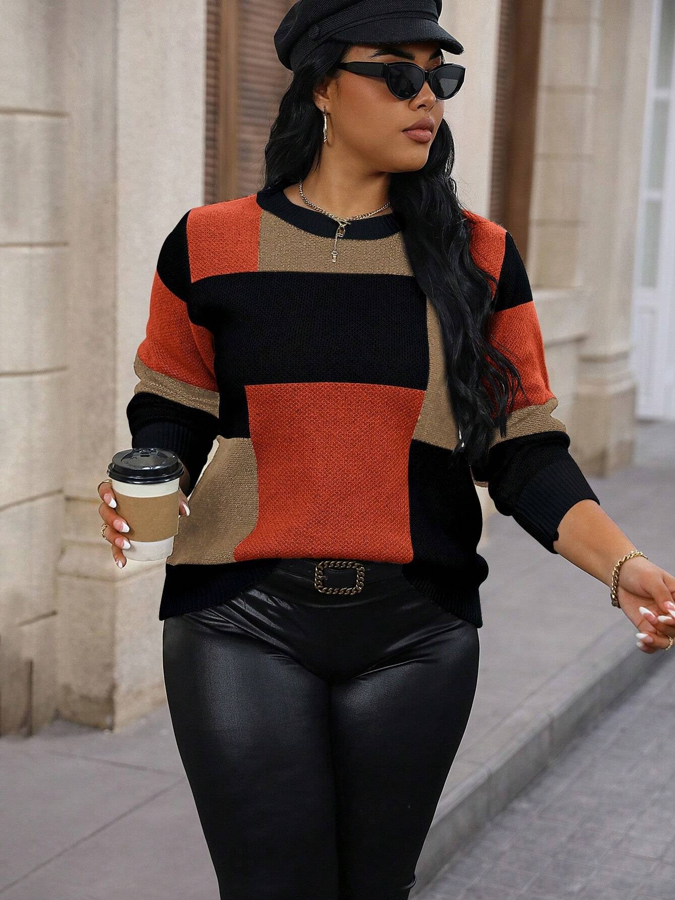 Calvaya plus Size Plaid Sweater with Drop Shoulder