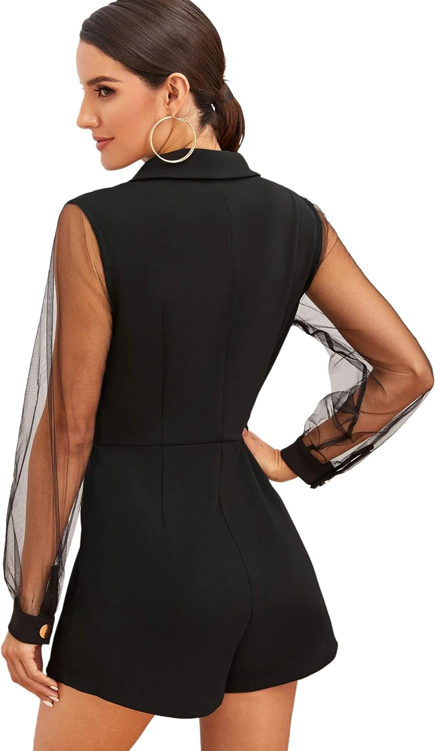 Shein Women'S Notch Collar Mesh Sleeve Button Wrap Trim Jumpsuit Short Wide Leg Romper Black Small