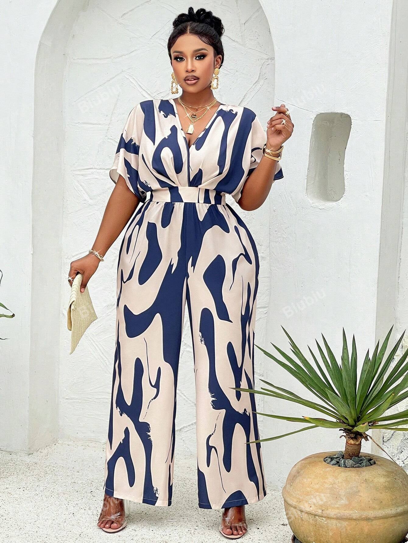 Plus Allover Print Batwing Sleeve Belted Jumpsuit(Random Print), Summer