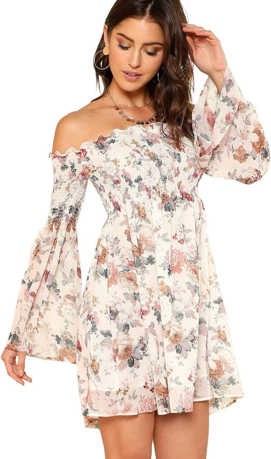 Romwe Women'S Casual Floral Print off Shoulder Trumpet Sleeve Swing Dress