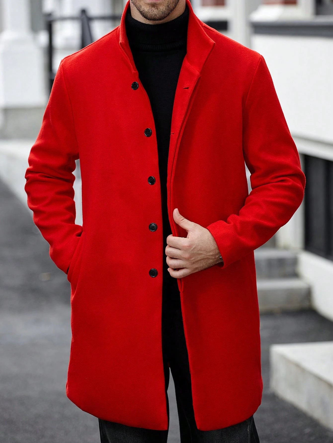 Manfinity Casualcool Men'S Casual Solid Color Stand Collar Overcoat, Autumn Fall Red Going Out Overcoat, for Friends, Husband, Boyfriend Gifts