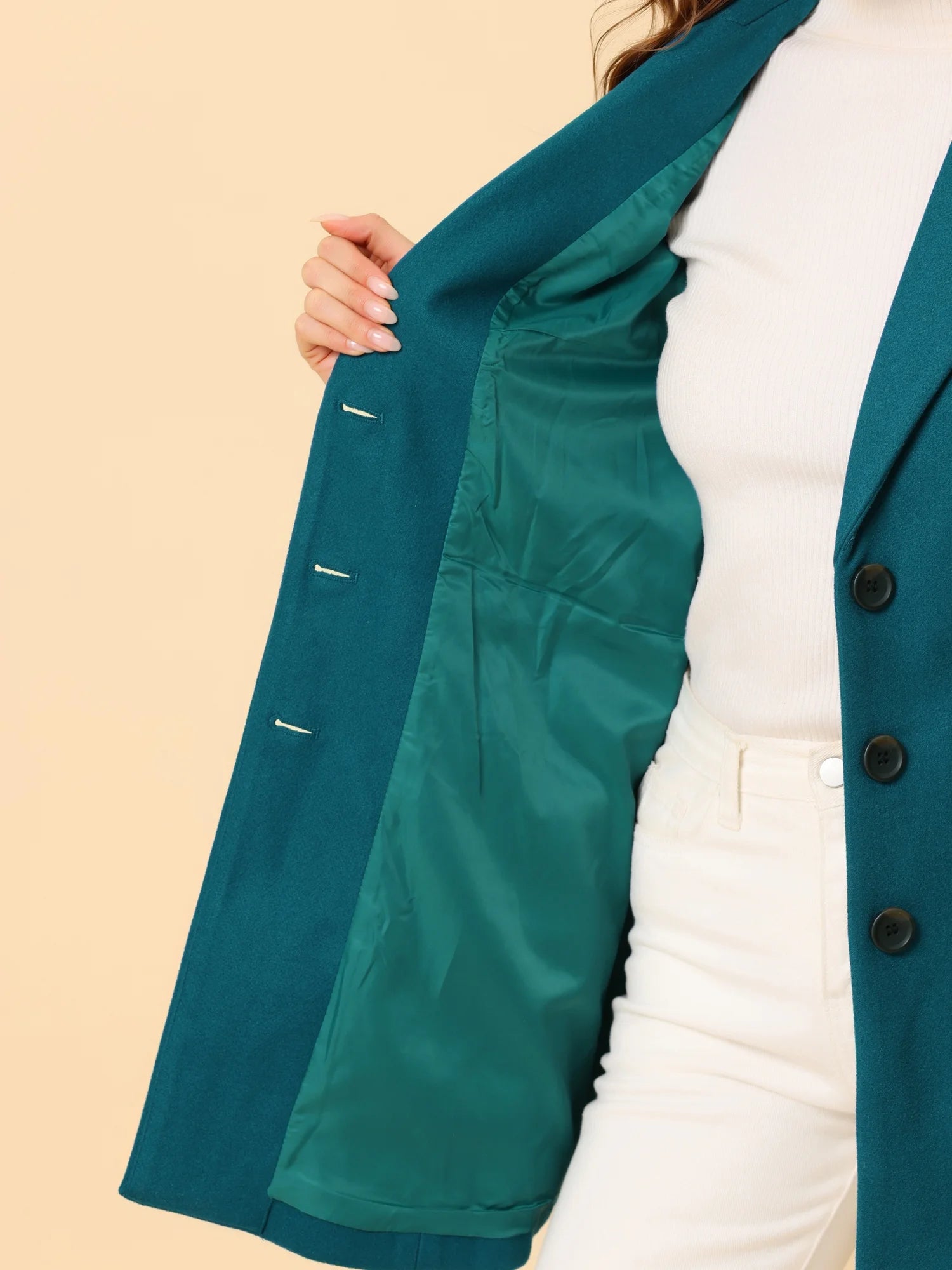 Women's Long Notched Lapel Coat with Long Sleeves - Single Breasted Winter Outerwear in Lake Blue, Size XS