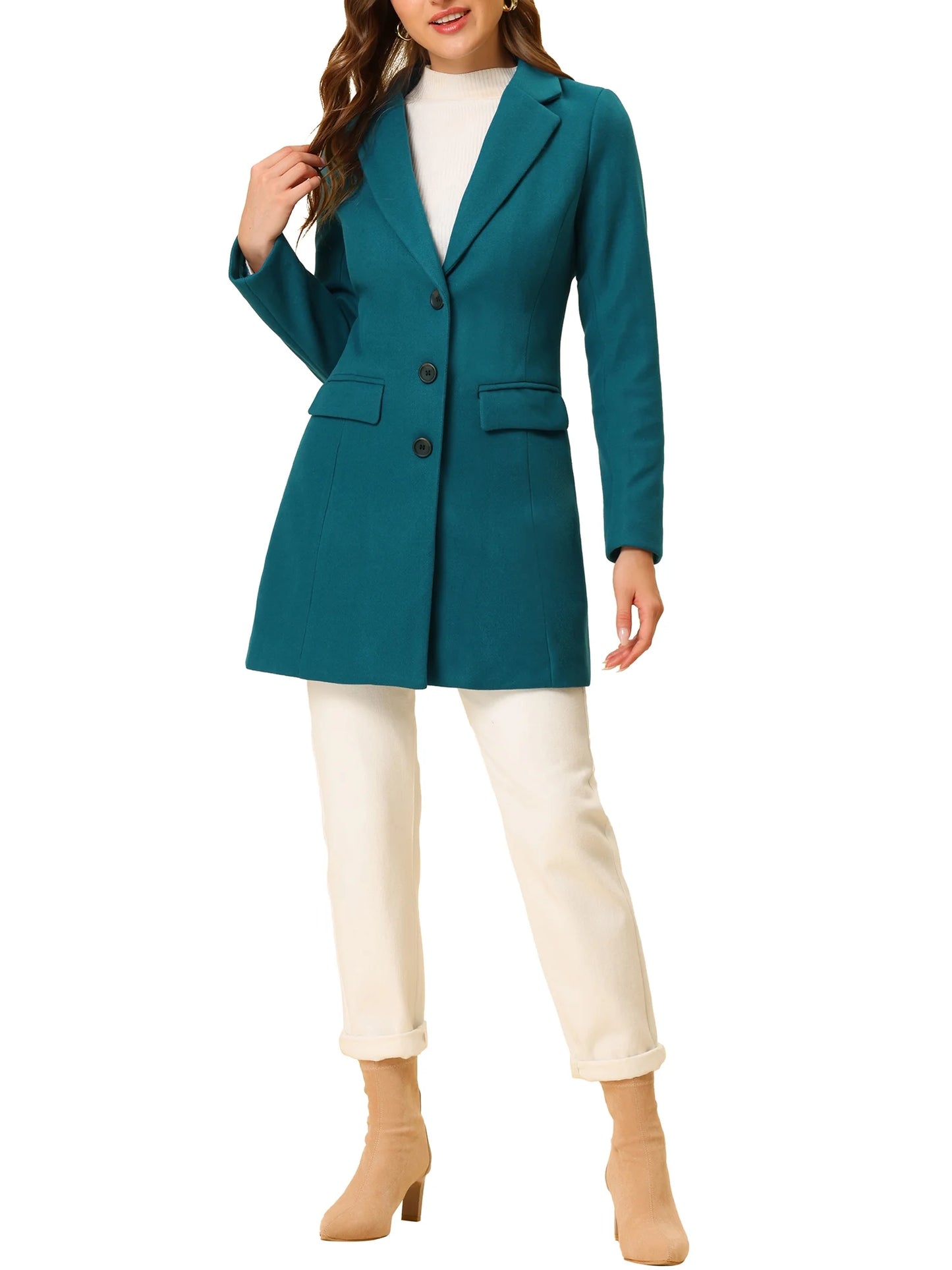 Women's Long Notched Lapel Coat with Long Sleeves - Single Breasted Winter Outerwear in Lake Blue, Size XS