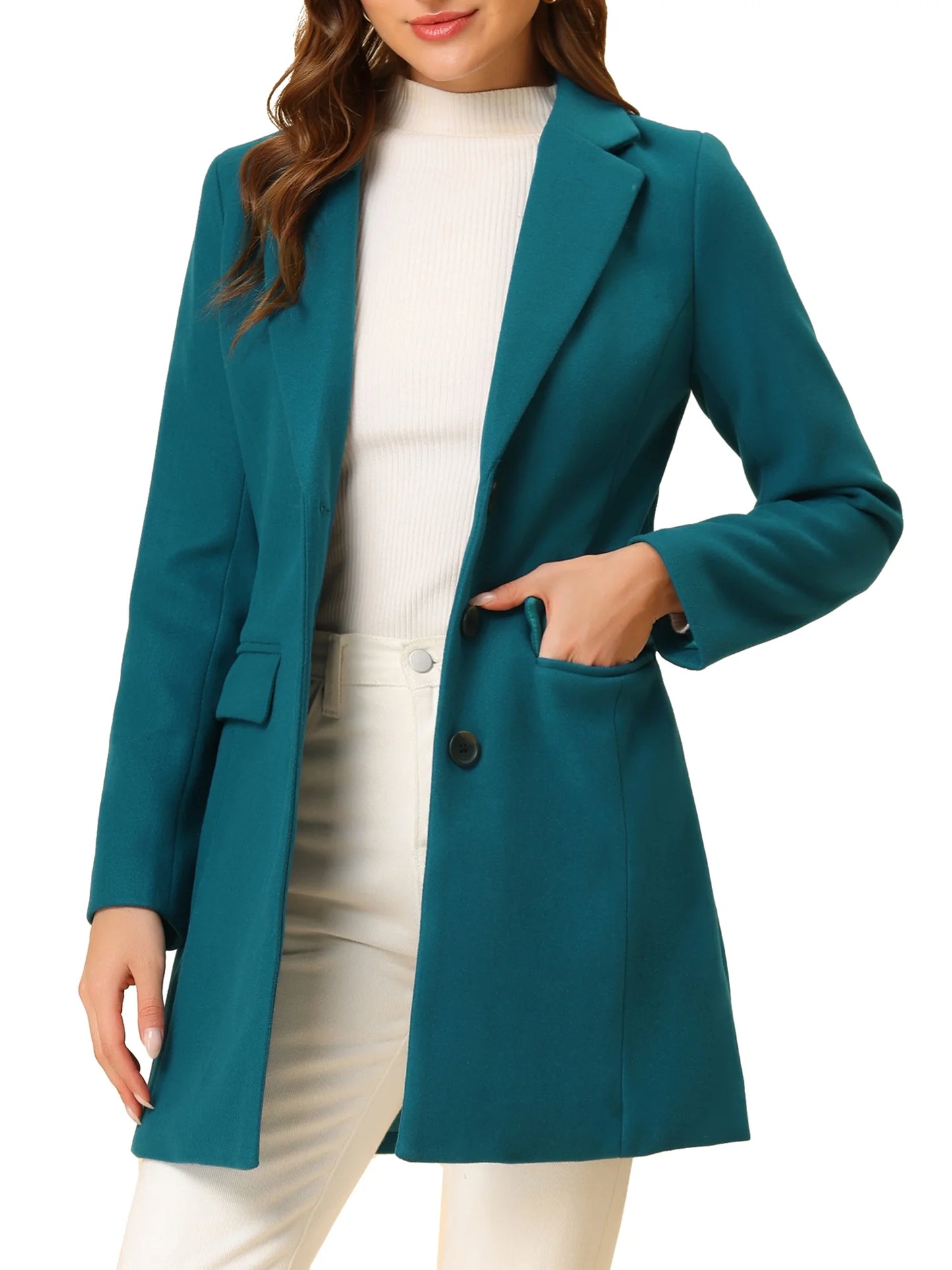 Women's Long Notched Lapel Coat with Long Sleeves - Single Breasted Winter Outerwear in Lake Blue, Size XS