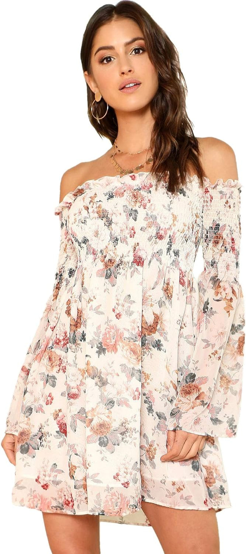 Romwe Women'S Casual Floral Print off Shoulder Trumpet Sleeve Swing Dress