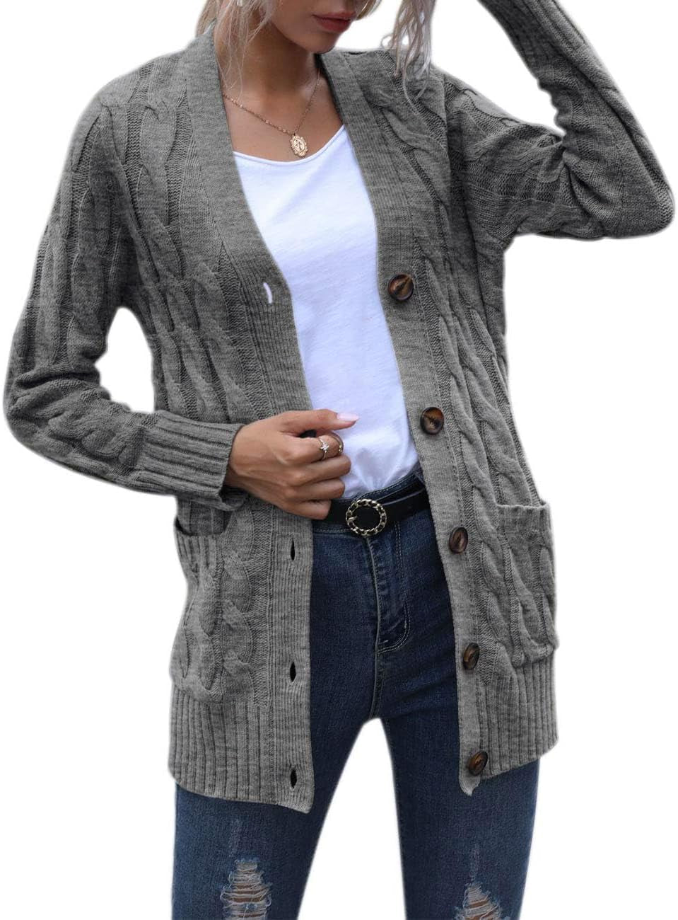 MEROKEETY Women'S 2025 Fall Long Sleeve Cable Knit Sweater Open Front Cardigan Button Loose Outerwear