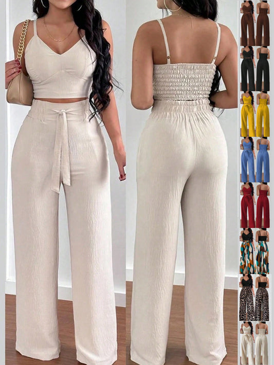 Rafferiza Women'S Push-Up Bra Cup Strap Top with Bowknot, Elastic Straight Pants, Holiday 2Pcs Set