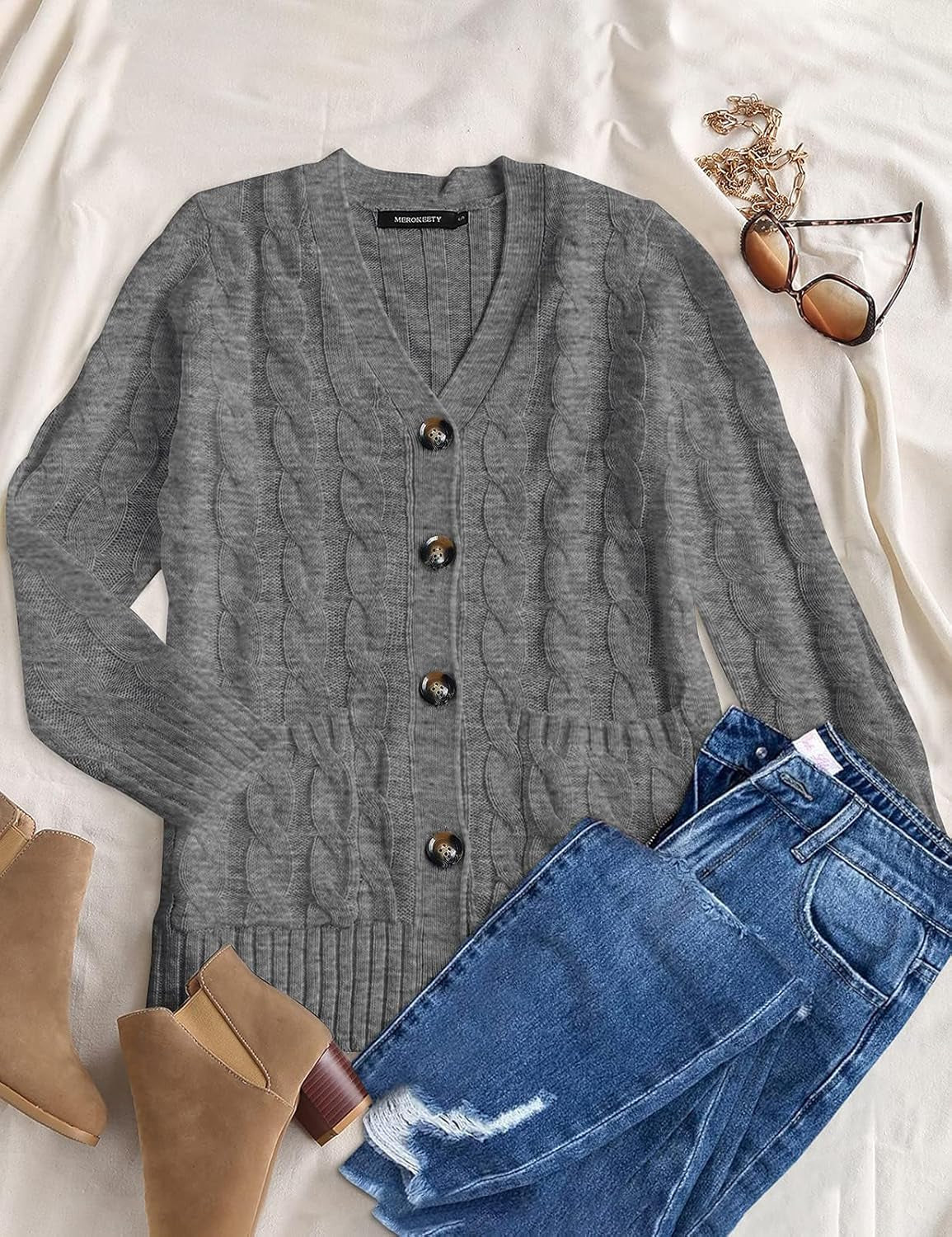 MEROKEETY Women'S 2025 Fall Long Sleeve Cable Knit Sweater Open Front Cardigan Button Loose Outerwear