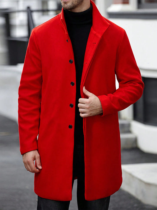 Manfinity Casualcool Men'S Casual Solid Color Stand Collar Overcoat, Autumn Fall Red Going Out Overcoat, for Friends, Husband, Boyfriend Gifts