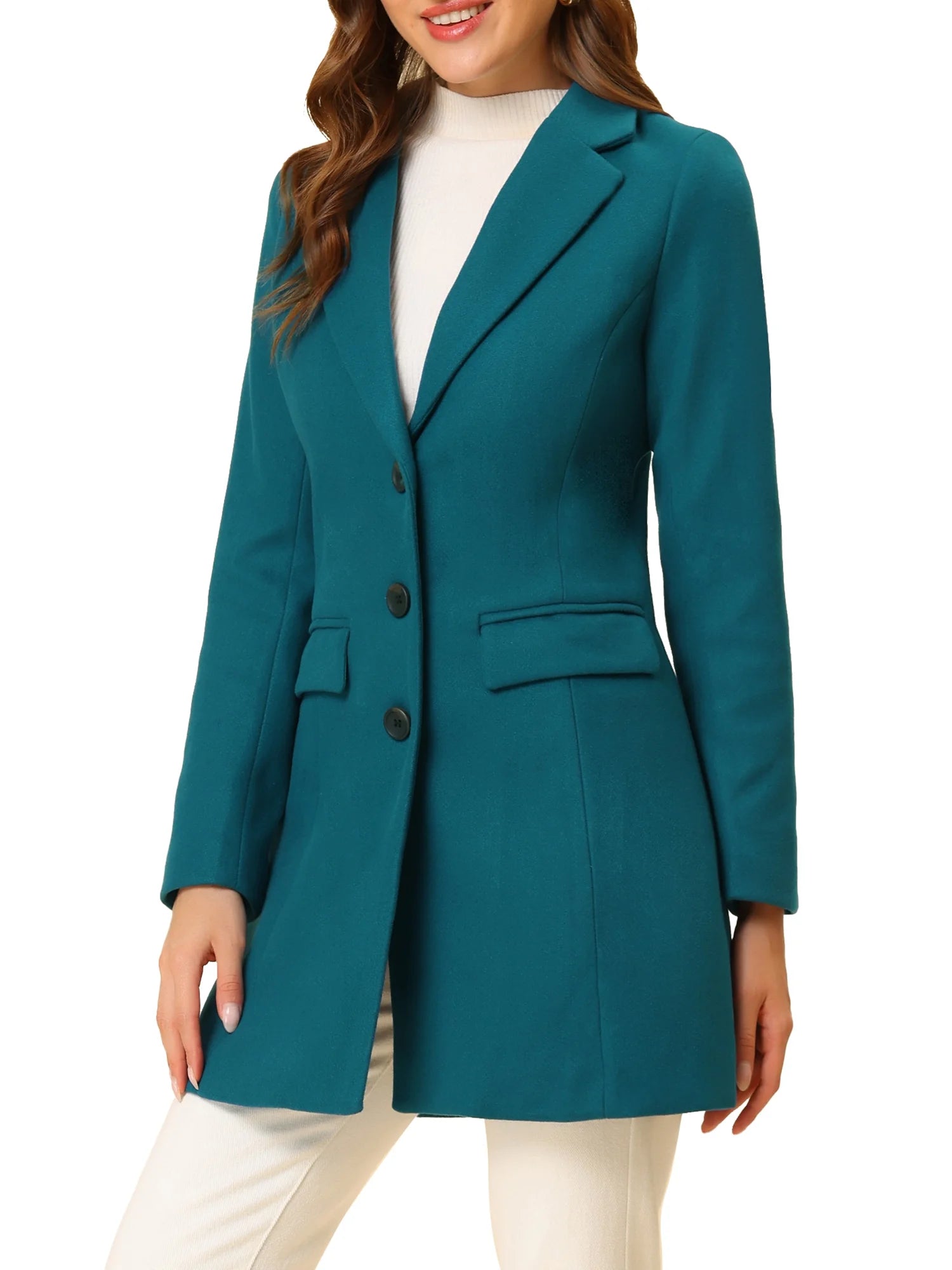 Women's Long Notched Lapel Coat with Long Sleeves - Single Breasted Winter Outerwear in Lake Blue, Size XS