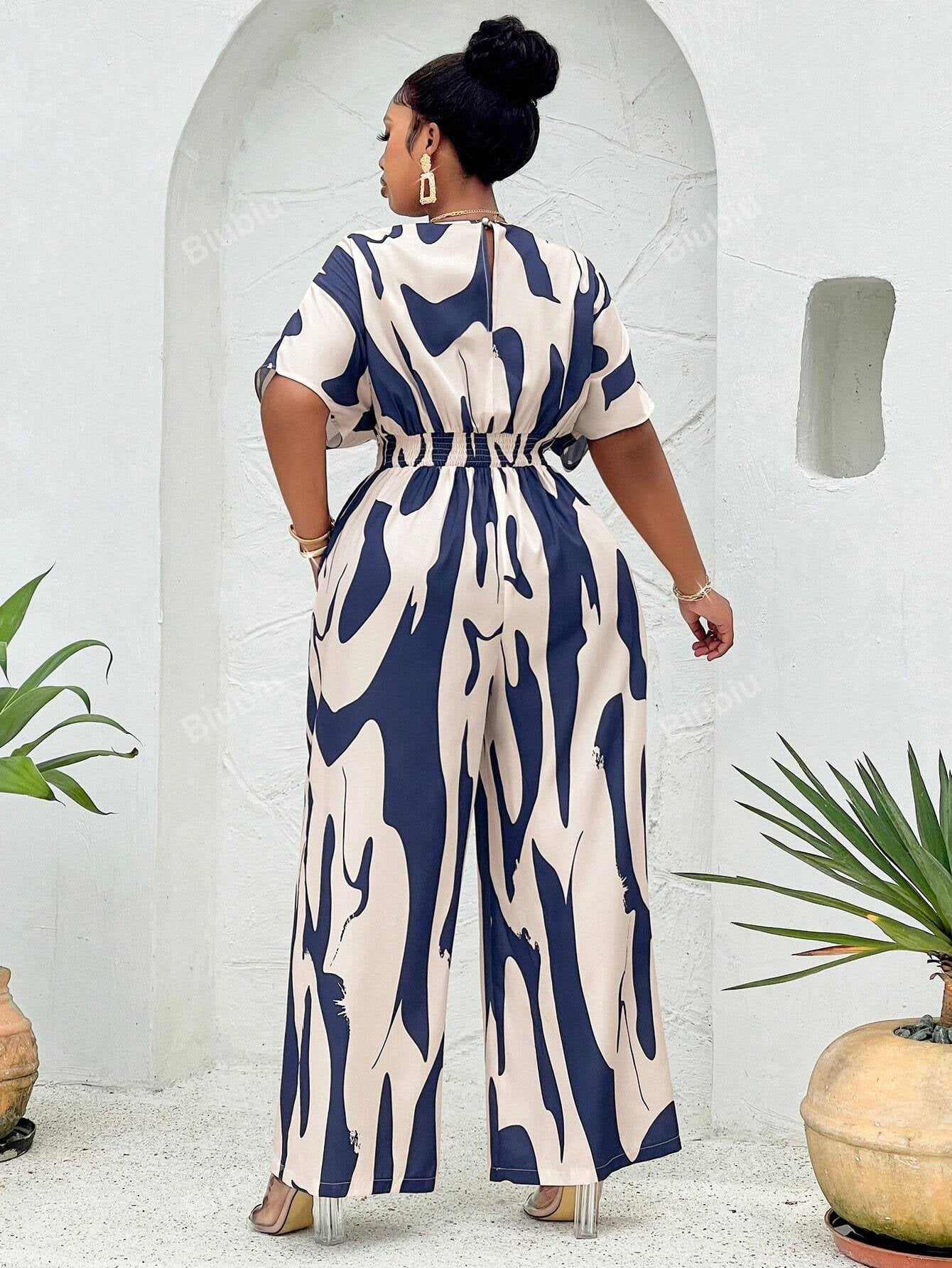 Plus Allover Print Batwing Sleeve Belted Jumpsuit(Random Print), Summer