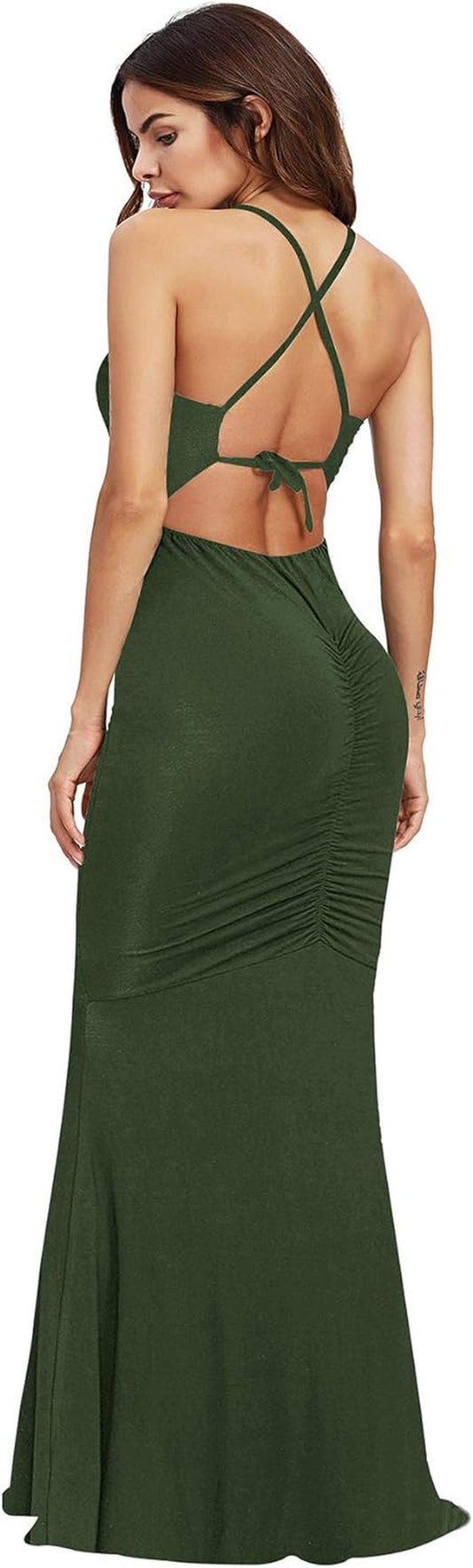 Shein Women'S Sexy Striped Bodycon Maxi Dress Strappy Backless Summer Evening Party Dresses Dark Green X-Large