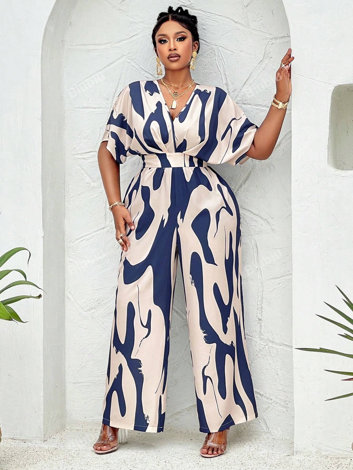 Plus Allover Print Batwing Sleeve Belted Jumpsuit(Random Print), Summer
