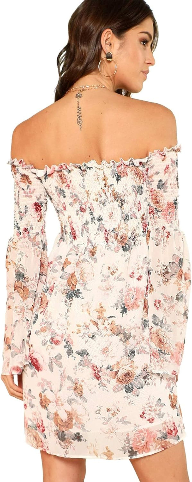 Romwe Women'S Casual Floral Print off Shoulder Trumpet Sleeve Swing Dress