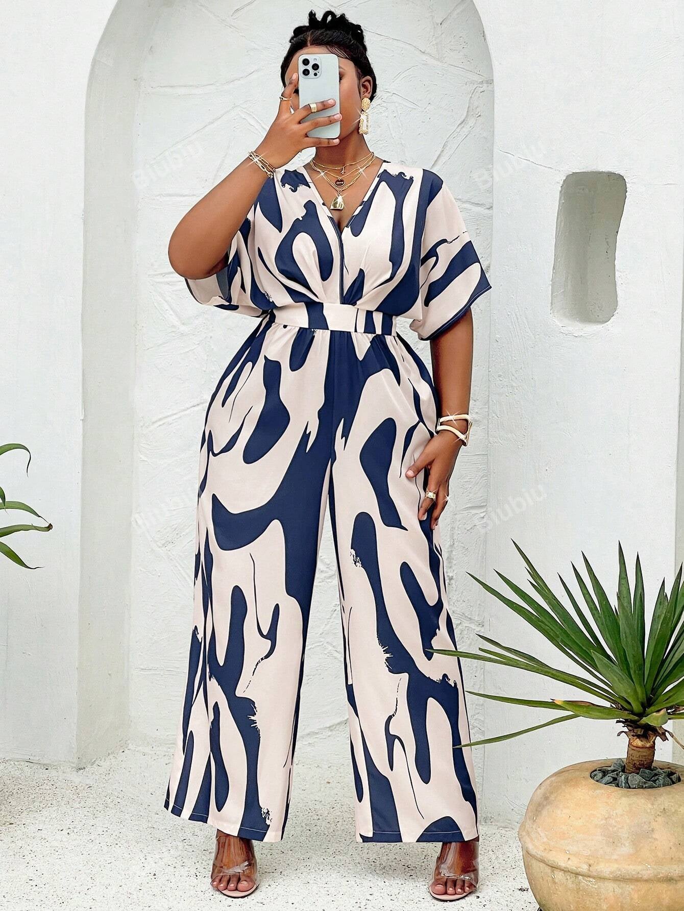Plus Allover Print Batwing Sleeve Belted Jumpsuit(Random Print), Summer