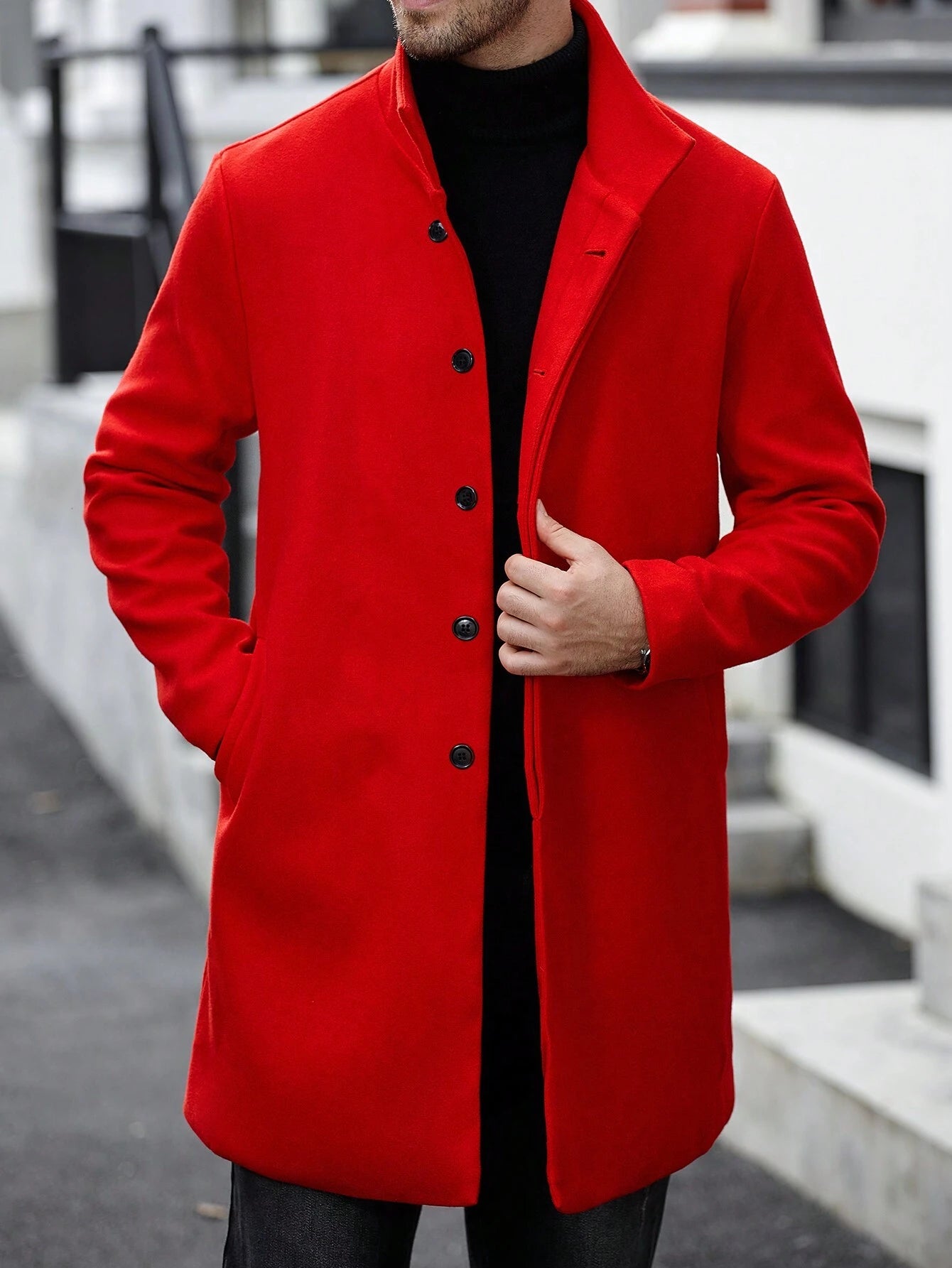 Manfinity Casualcool Men'S Casual Solid Color Stand Collar Overcoat, Autumn Fall Red Going Out Overcoat, for Friends, Husband, Boyfriend Gifts