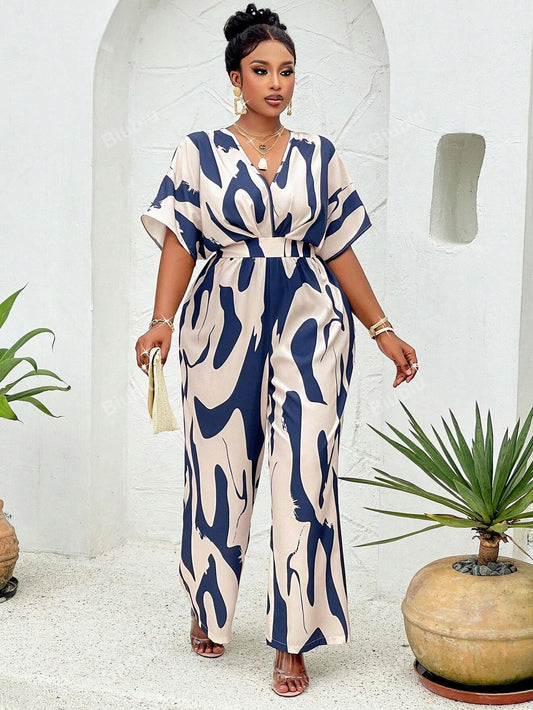 Plus Allover Print Batwing Sleeve Belted Jumpsuit(Random Print), Summer