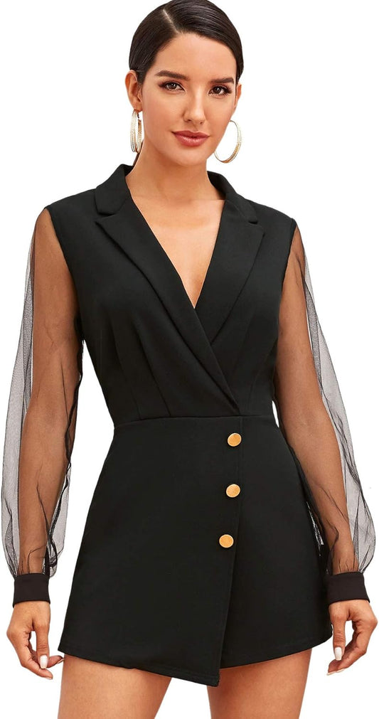 Shein Women'S Notch Collar Mesh Sleeve Button Wrap Trim Jumpsuit Short Wide Leg Romper Black Small