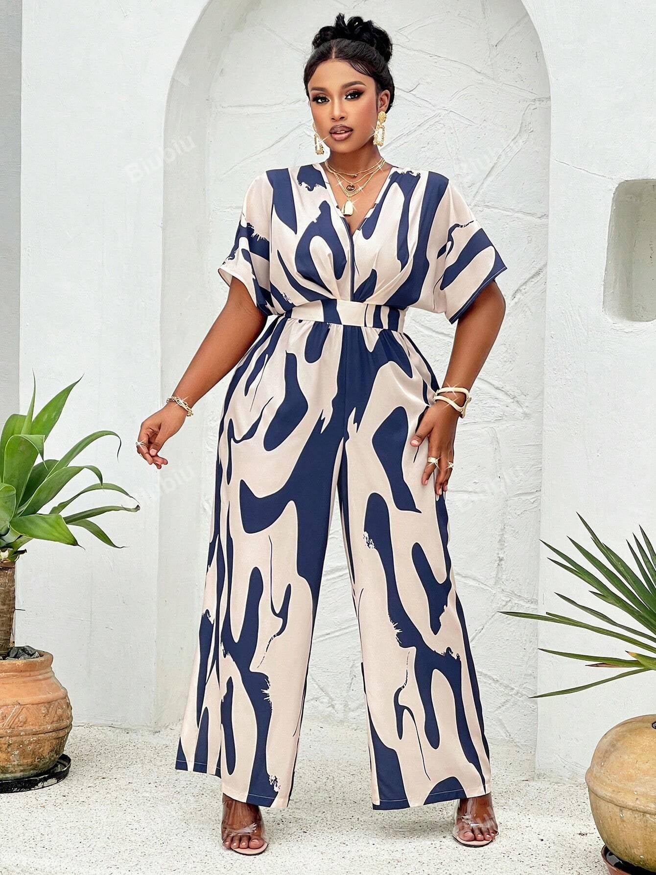 Plus Allover Print Batwing Sleeve Belted Jumpsuit(Random Print), Summer