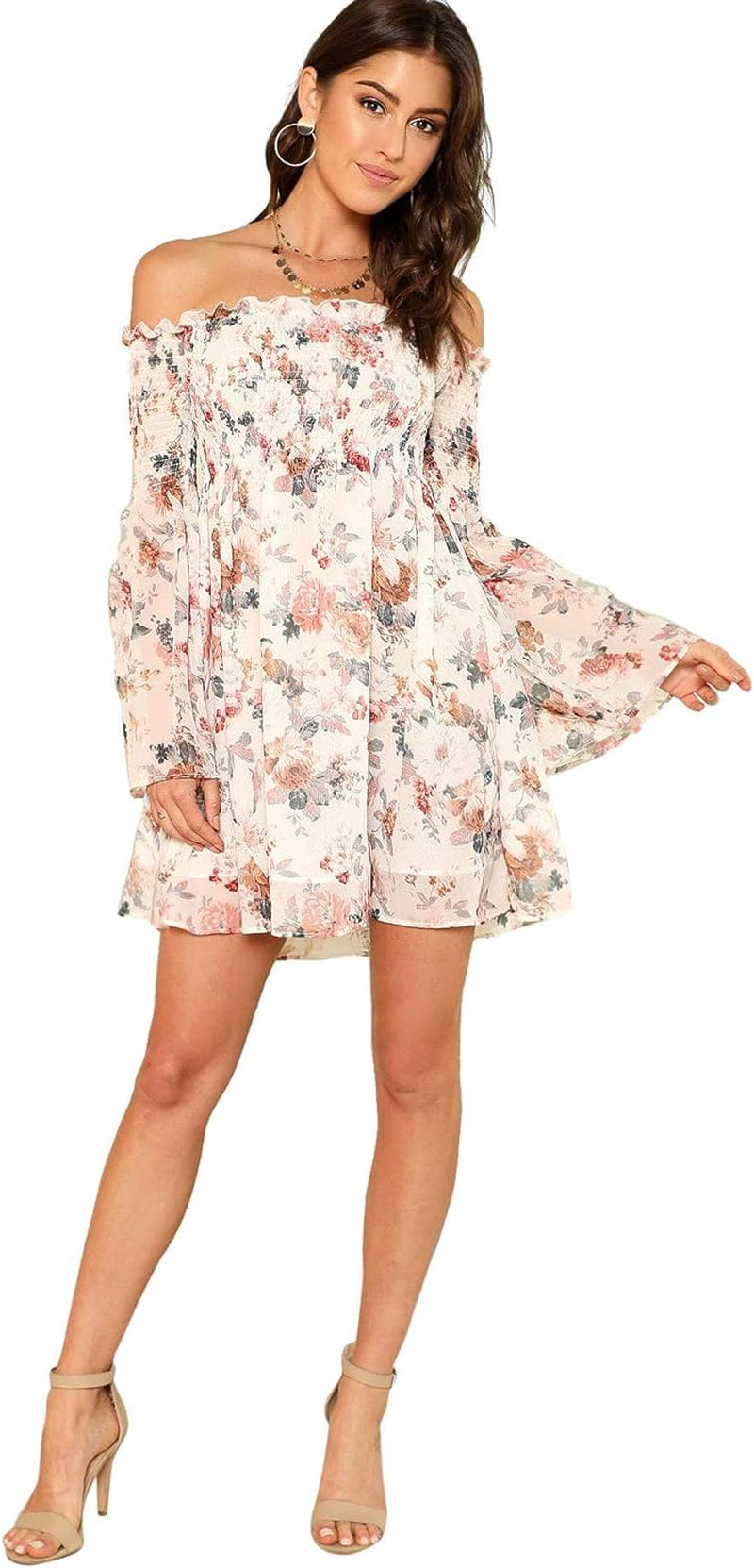 Romwe Women'S Casual Floral Print off Shoulder Trumpet Sleeve Swing Dress