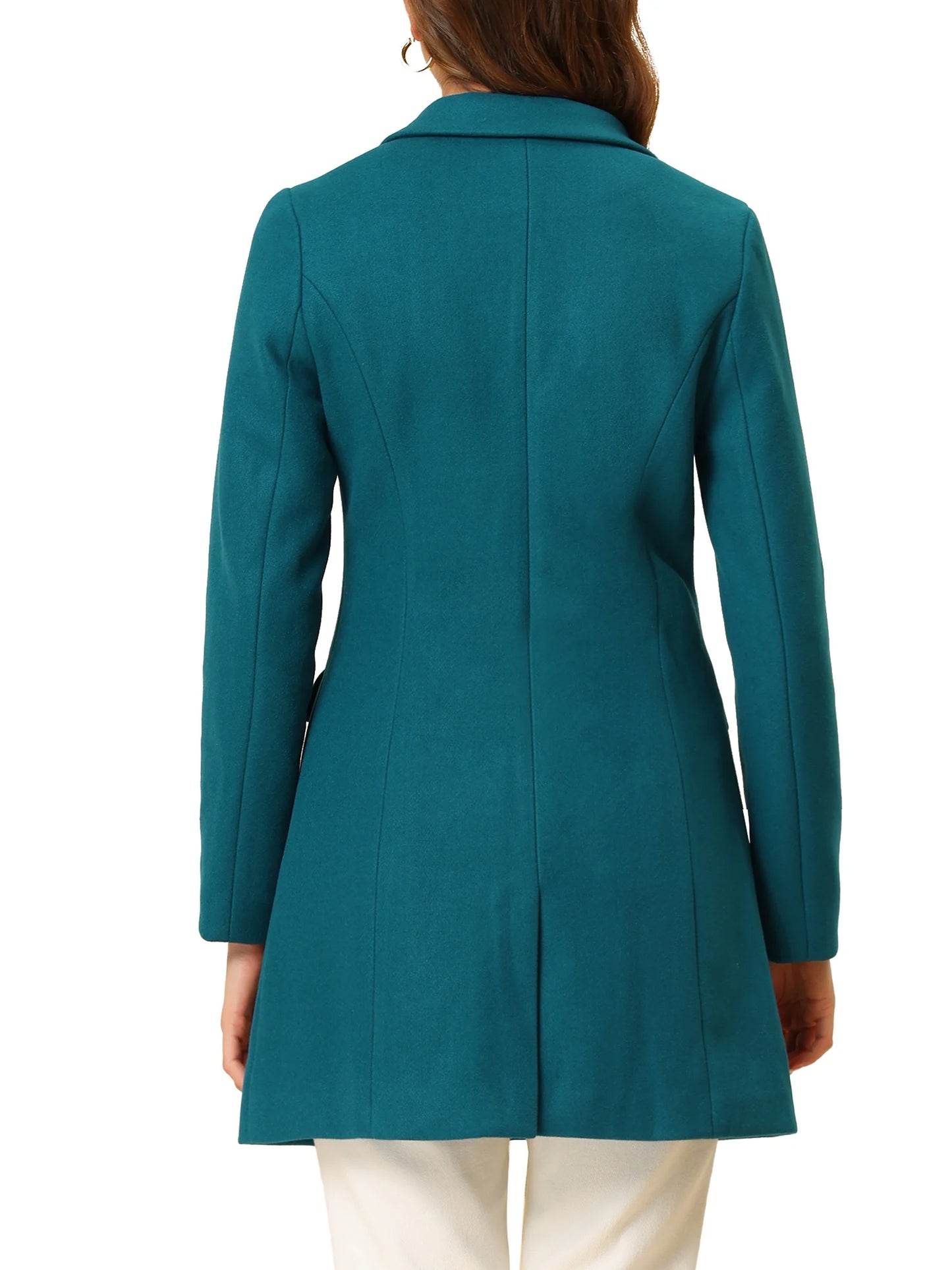 Women's Long Notched Lapel Coat with Long Sleeves - Single Breasted Winter Outerwear in Lake Blue, Size XS