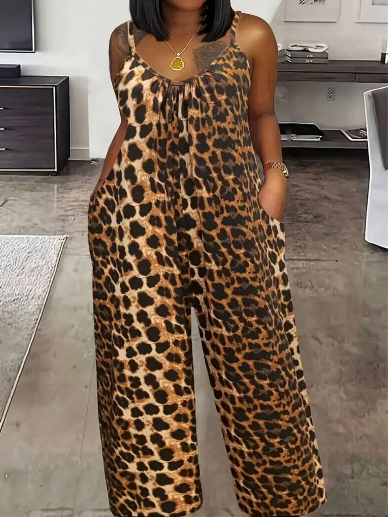 SHEIN plus Size Leopard Print Sleeveless Jumpsuit