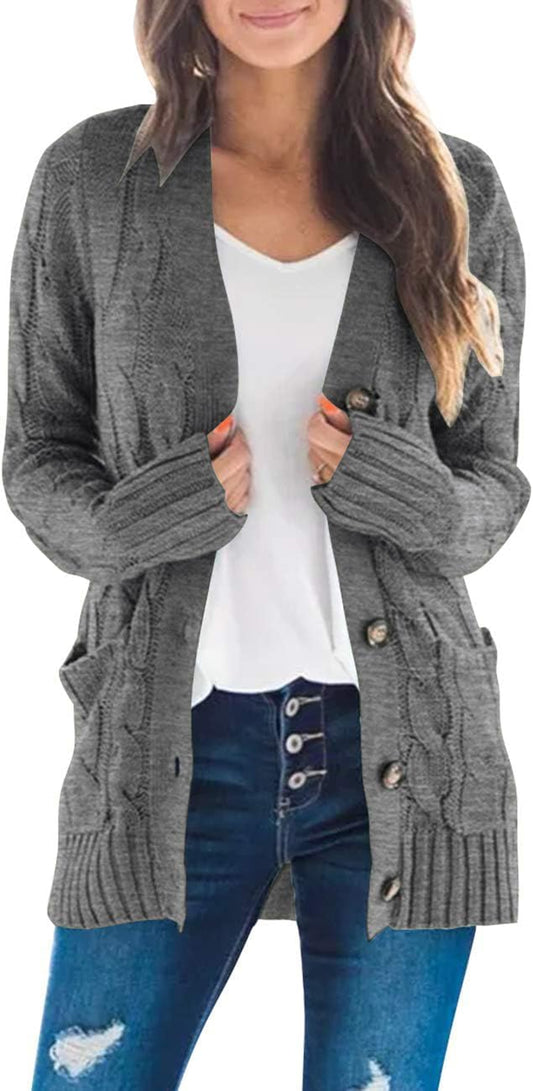 MEROKEETY Women'S 2025 Fall Long Sleeve Cable Knit Sweater Open Front Cardigan Button Loose Outerwear